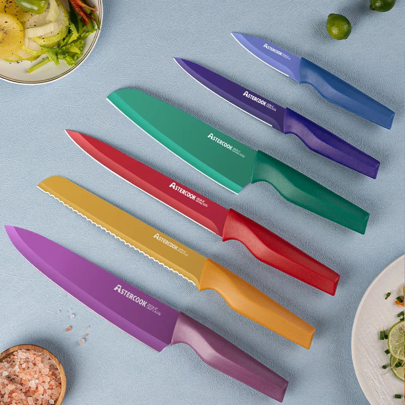 12 Pcs Color-Coded Kitchen Knives Set, 6 Color Anti-Rust Coating Stainless Steel