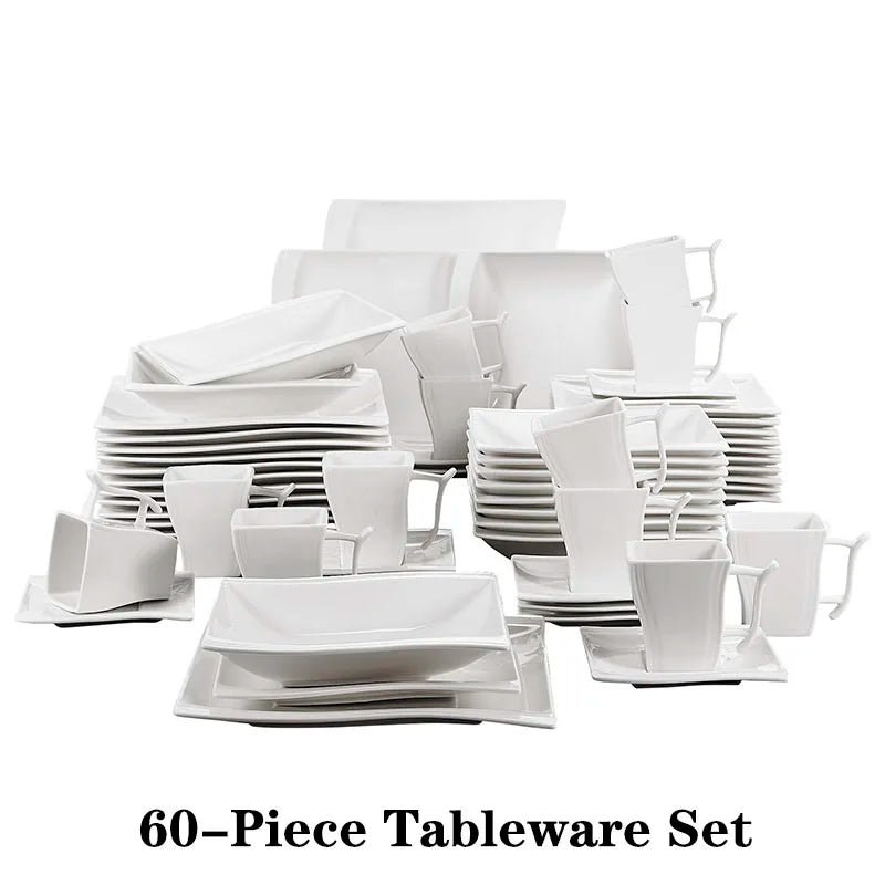 30/60 Piece White Porcelain Dinner Set Cup, Sauce, Dessert ,Soup, Dinner Plate