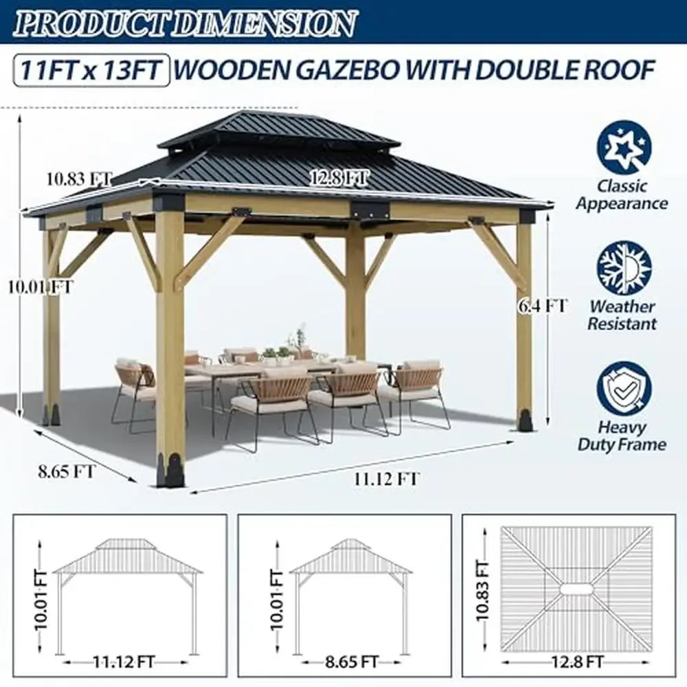Outdoor Cedar Wooden Gazebo Galvanized 153.6"L x 129.96"W x 120.12"H