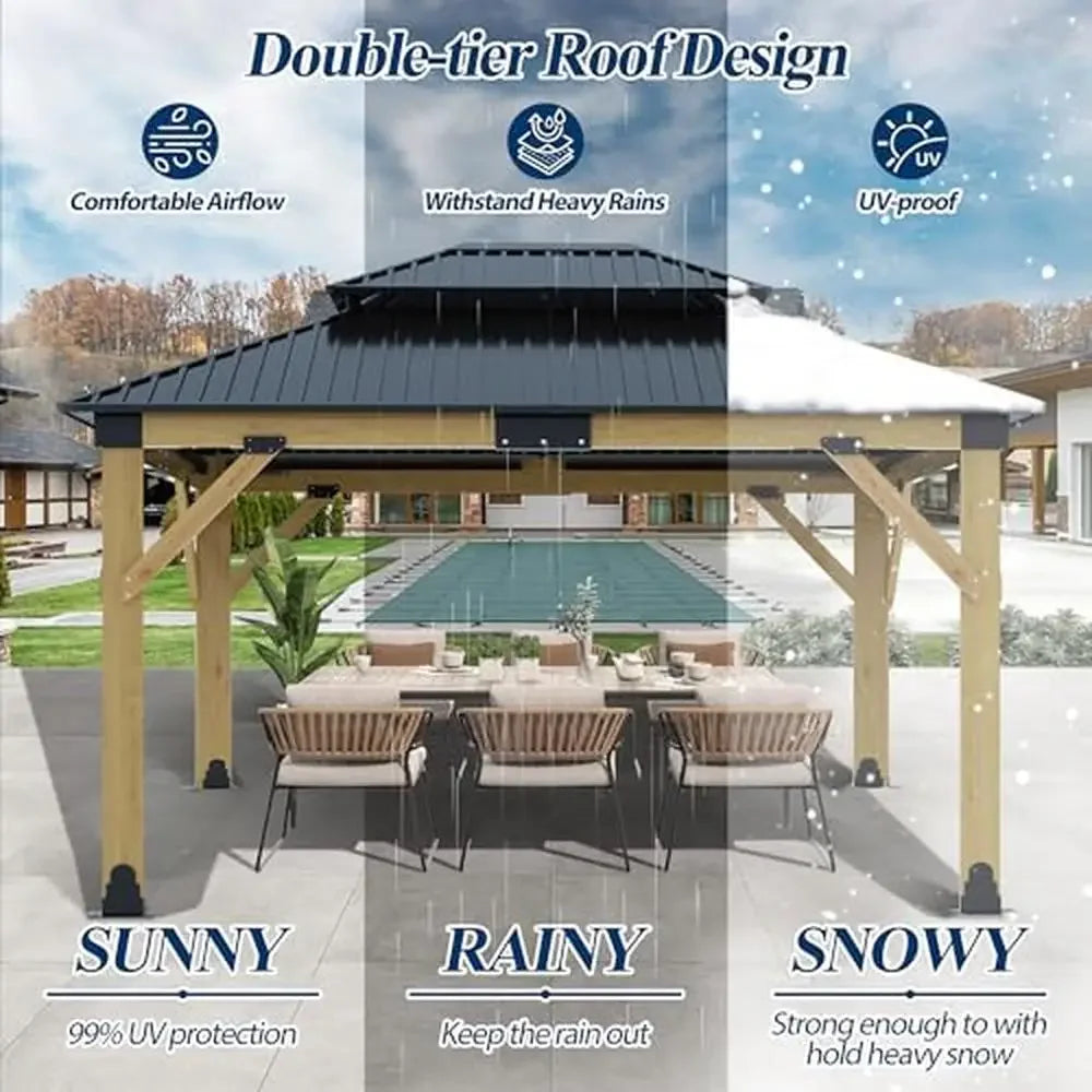 Outdoor Cedar Wooden Gazebo Galvanized 153.6"L x 129.96"W x 120.12"H