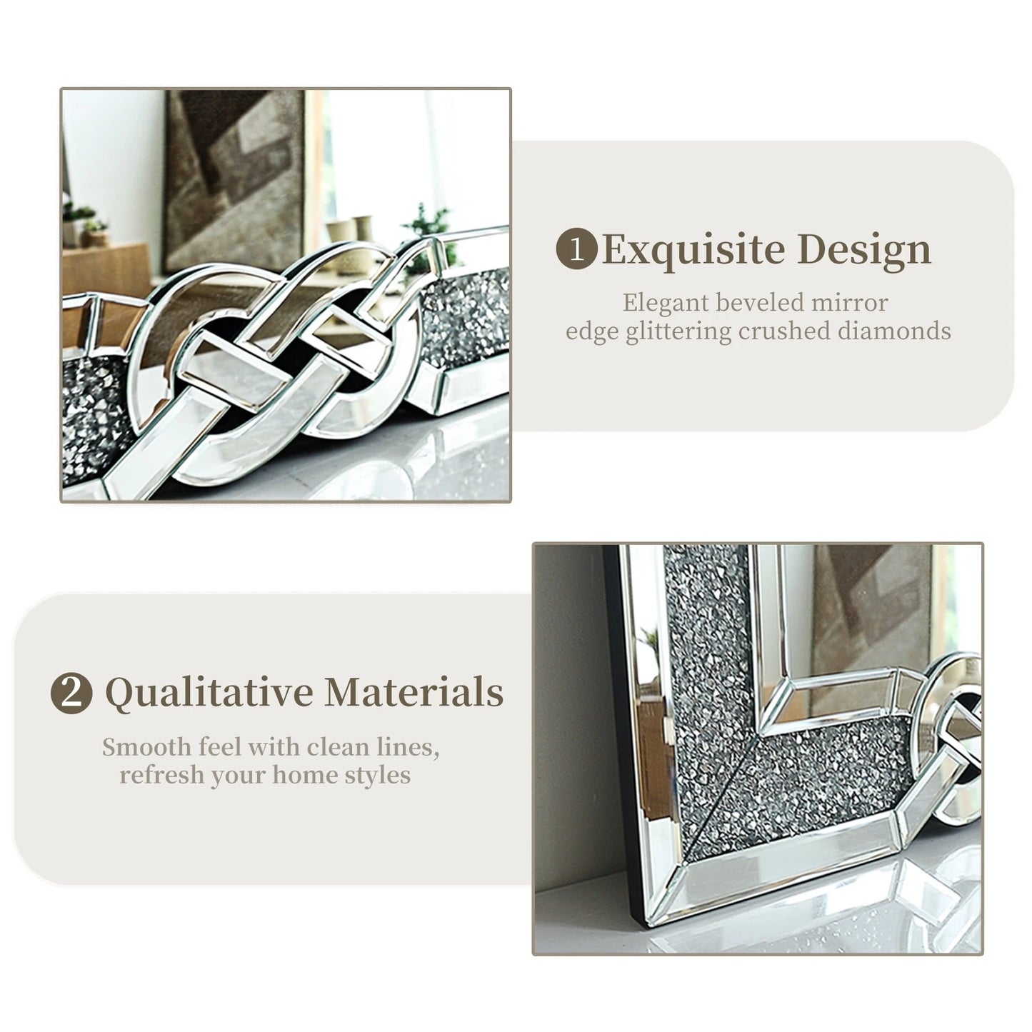 Crushed Diamond Wall Mirror Rectangular Glass Silver Vanity Crystal Frame Edge