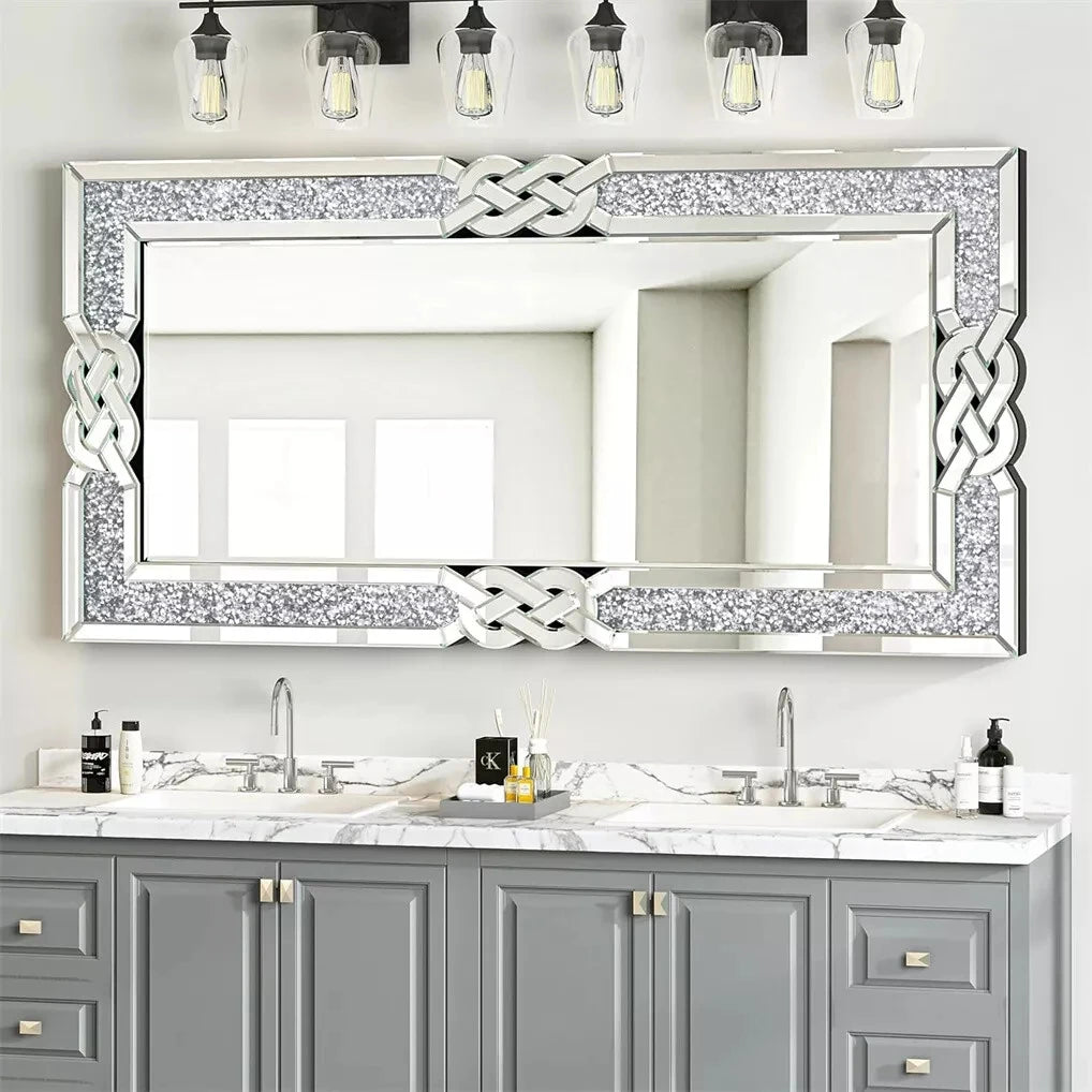 Crushed Diamond Wall Mirror Rectangular Glass Silver Vanity Crystal Frame Edge