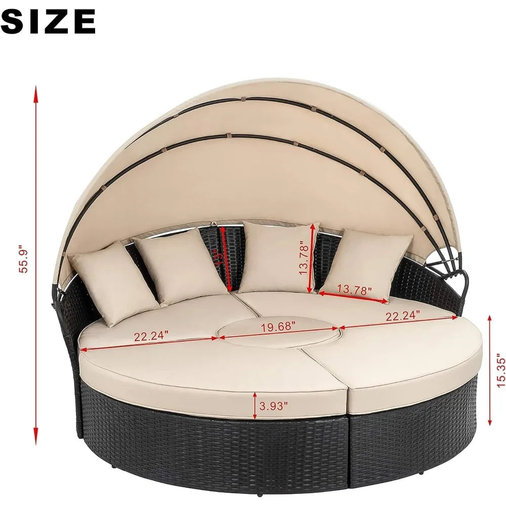 Patio Furniture Round Daybed with Retractable Canopy, Outdoor Wicker Rattan Sectional
