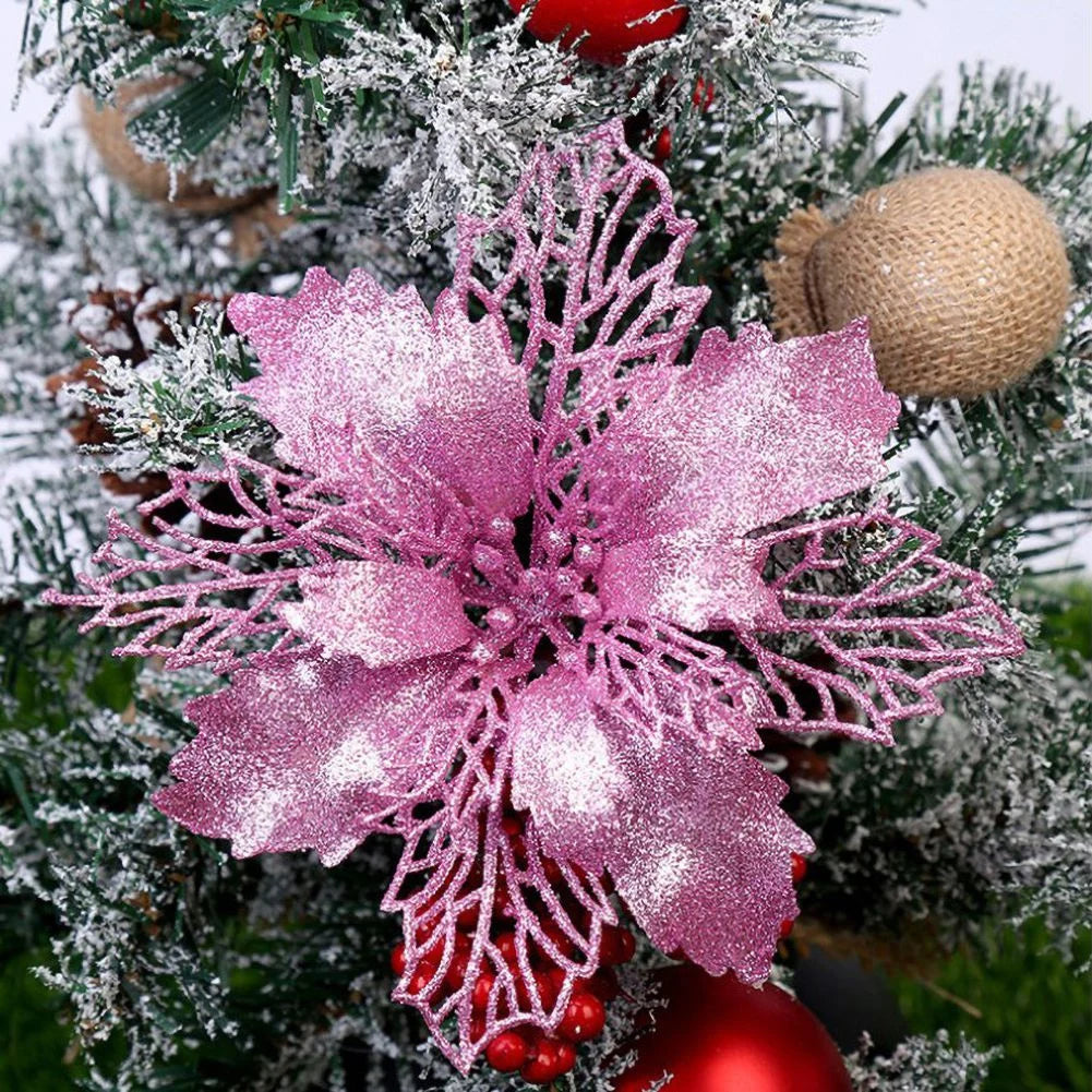 10pcs/set Christmas Glitter Flower 10cm Gold Silver Red Artificial Floral Head