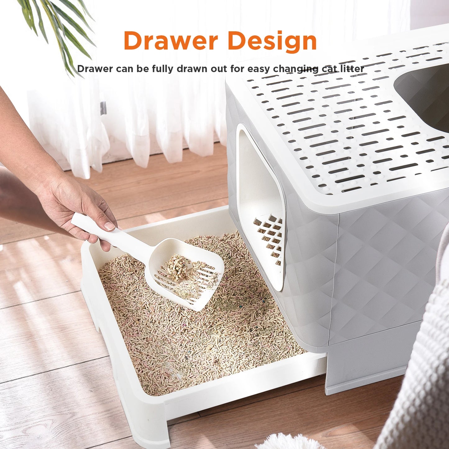 Large Cat Litter Box, Top or Front Entry Enclosed Kitty Tray Cushion Drawer Style