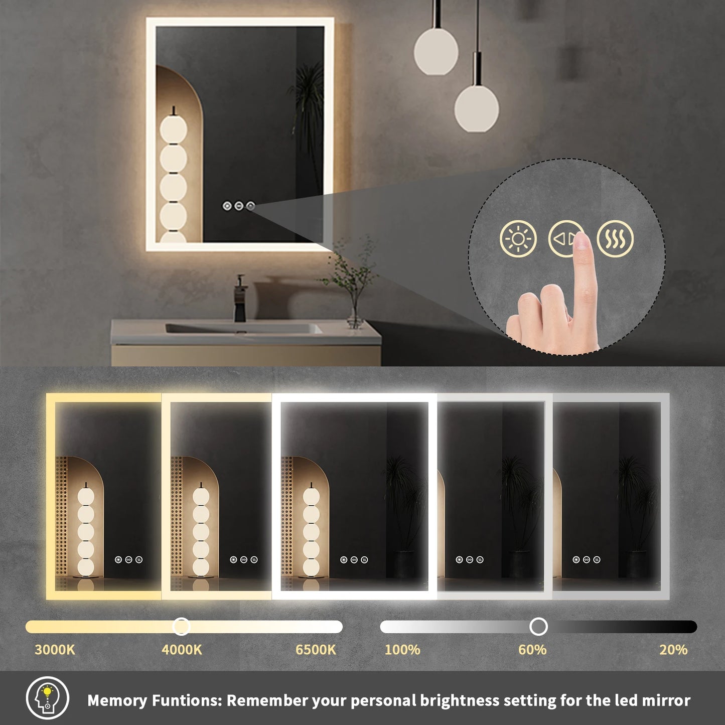 16x20 inch LED Lighted Bathroom Mirror with Anti-Fog, Smart Touch Button