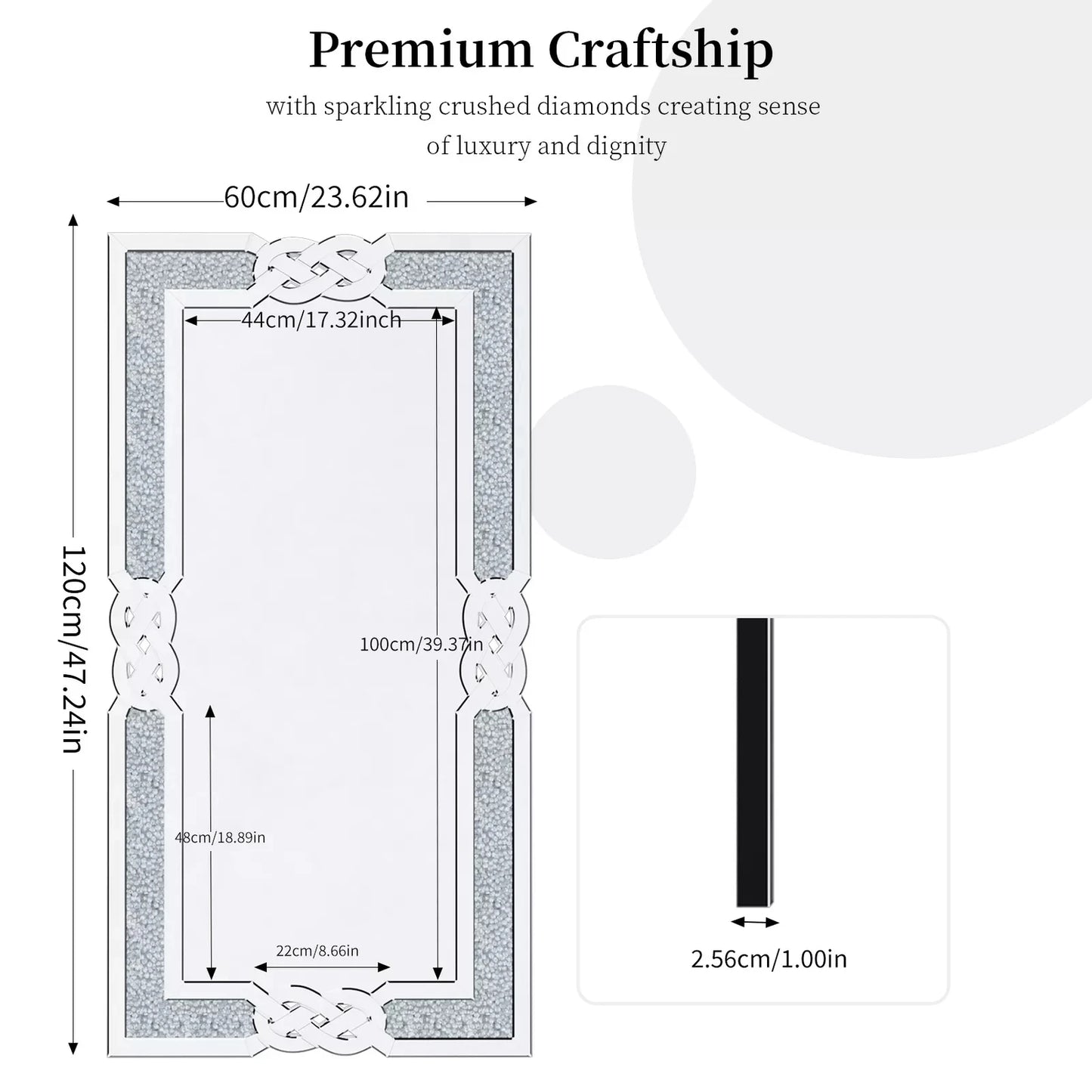 Crushed Diamond Wall Mirror Rectangular Glass Silver Vanity Crystal Frame Edge