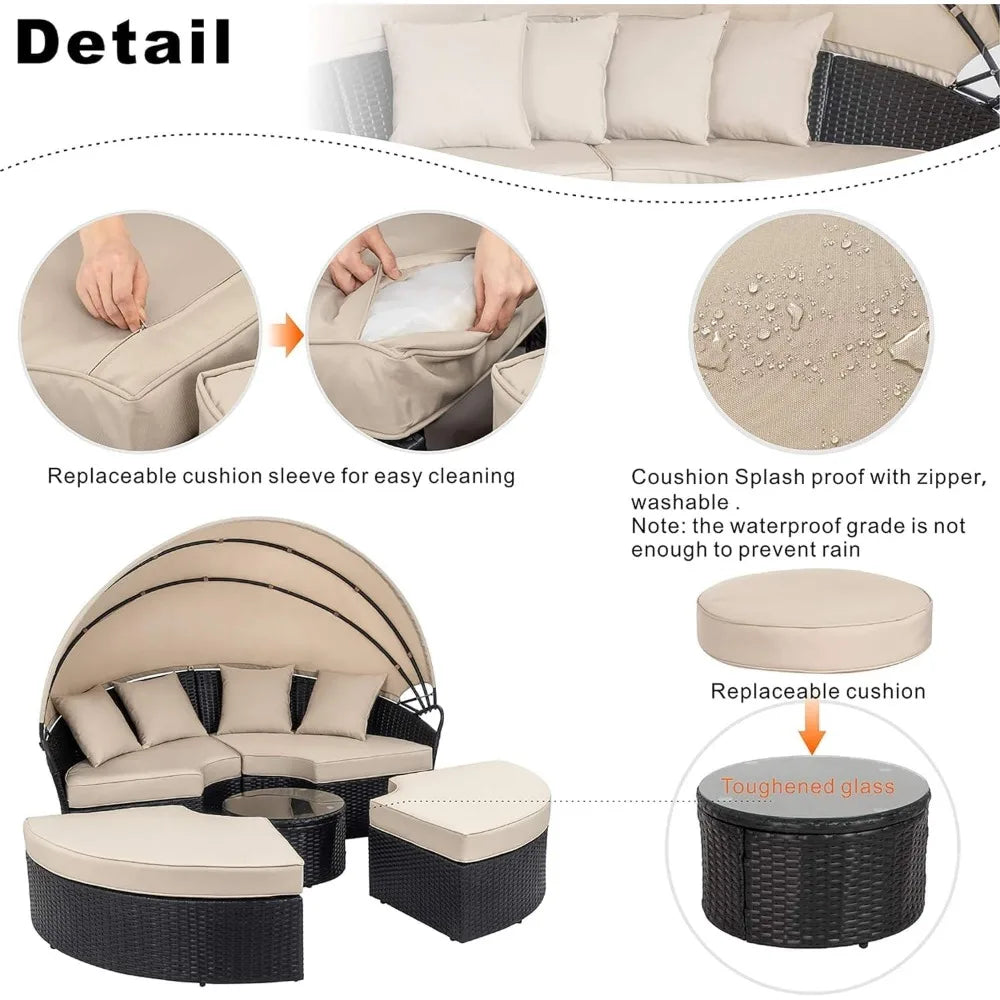 Patio Furniture Round Daybed with Retractable Canopy, Outdoor Wicker Rattan Sectional