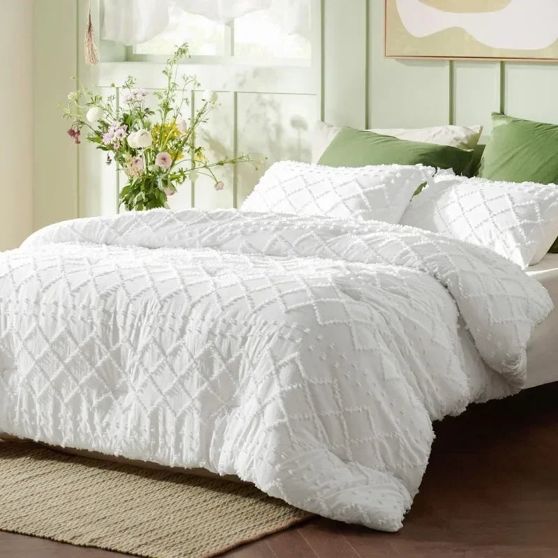 Queen Comforter Set - White Comforter, Boho Tufted Shabby Chic Bedding