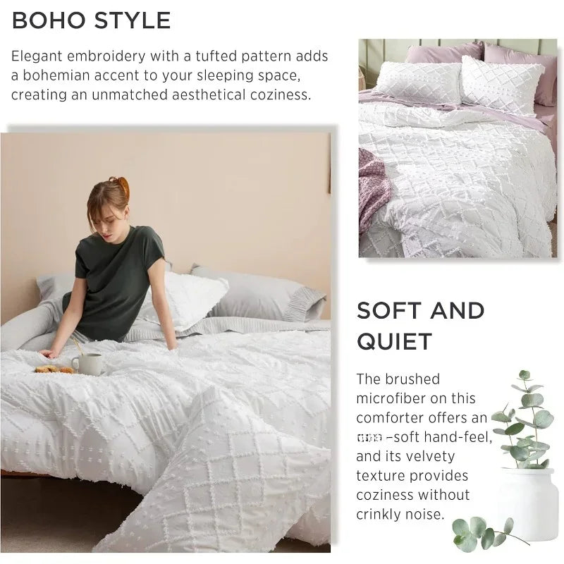 Queen Comforter Set - White Comforter, Boho Tufted Shabby Chic Bedding