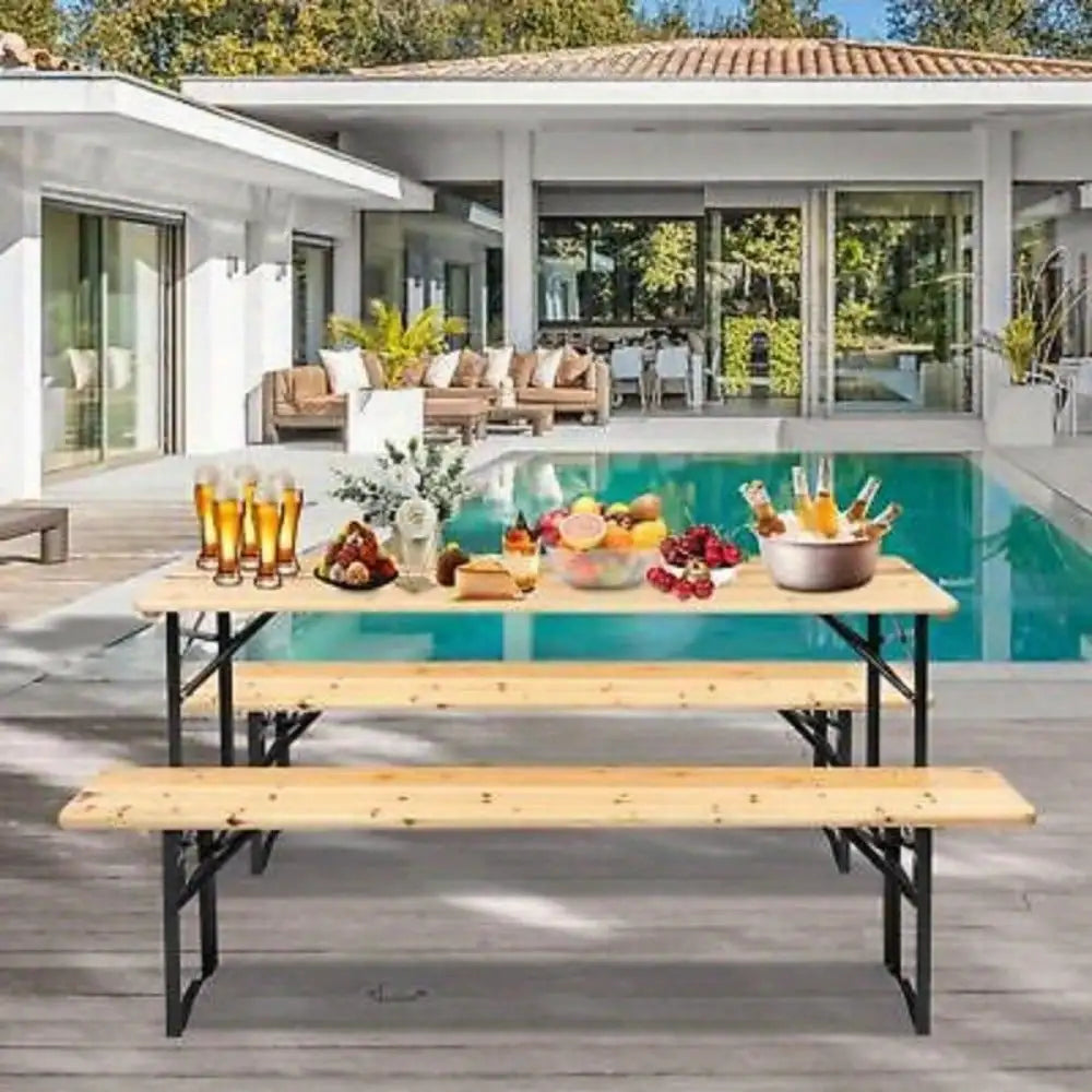 Outdoor Wood Picnic Table Beer Bench Dining Set Folding Wooden Top Patio