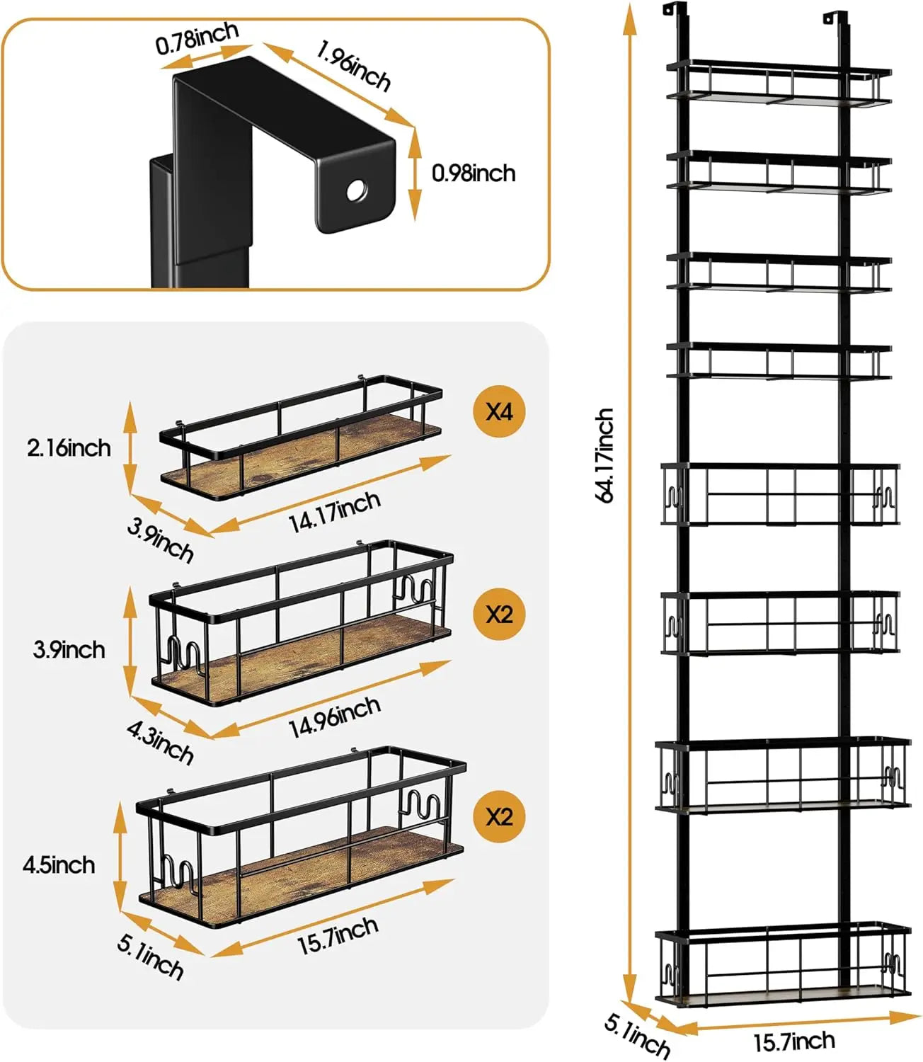 8-Tier Over Door Pantry Organizer & Rack, Metal Spice Shelves, Kitchen Closet