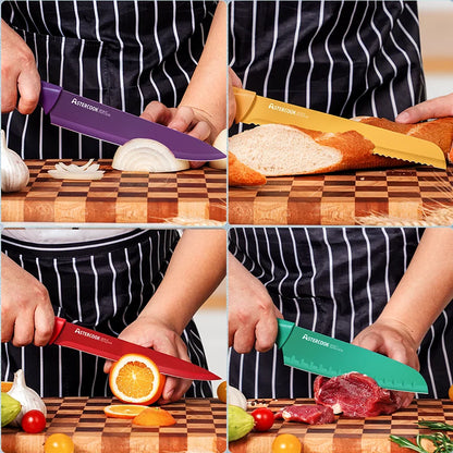 12 Pcs Color-Coded Kitchen Knives Set, 6 Color Anti-Rust Coating Stainless Steel