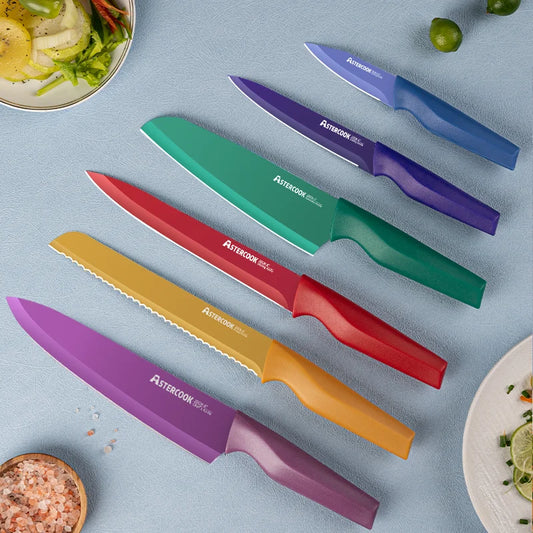 12 Pcs Color-Coded Kitchen Knives Set, 6 Color Anti-Rust Coating Stainless Steel