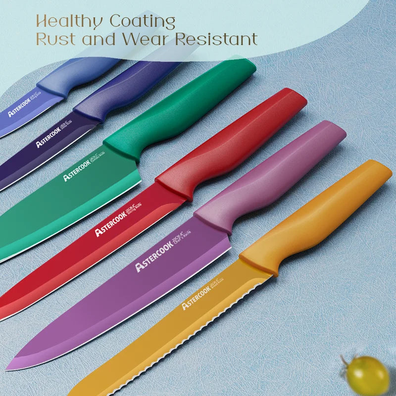 12 Pcs Color-Coded Kitchen Knives Set, 6 Color Anti-Rust Coating Stainless Steel