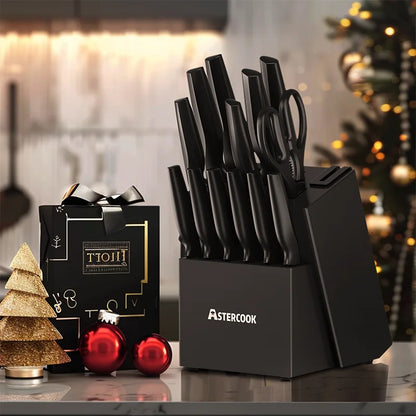 Kitchen Knife Set with Built-in Sharpener Block, 15 Pieces German Stainless Steel Knife Block Set