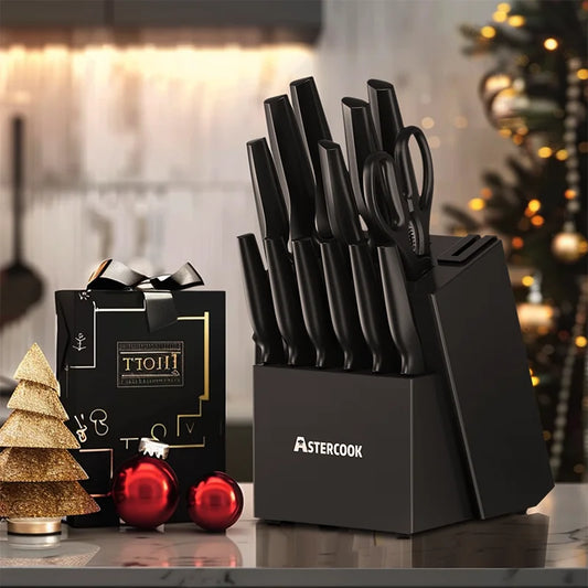 Kitchen Knife Set with Built-in Sharpener Block, 15 Pieces German Stainless Steel Knife Block Set