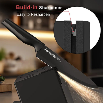 Kitchen Knife Set with Built-in Sharpener Block, 15 Pieces German Stainless Steel Knife Block Set