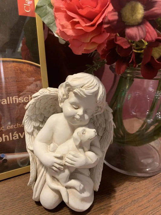 Angel with Dog Statue Resin 5.25"W x 4"D x 7"H