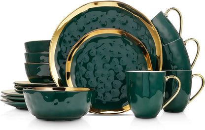 Stone Lain Modern Poreclain 16 Piece Dinnerware Set, Dish set for 4, Black And Golden Rim