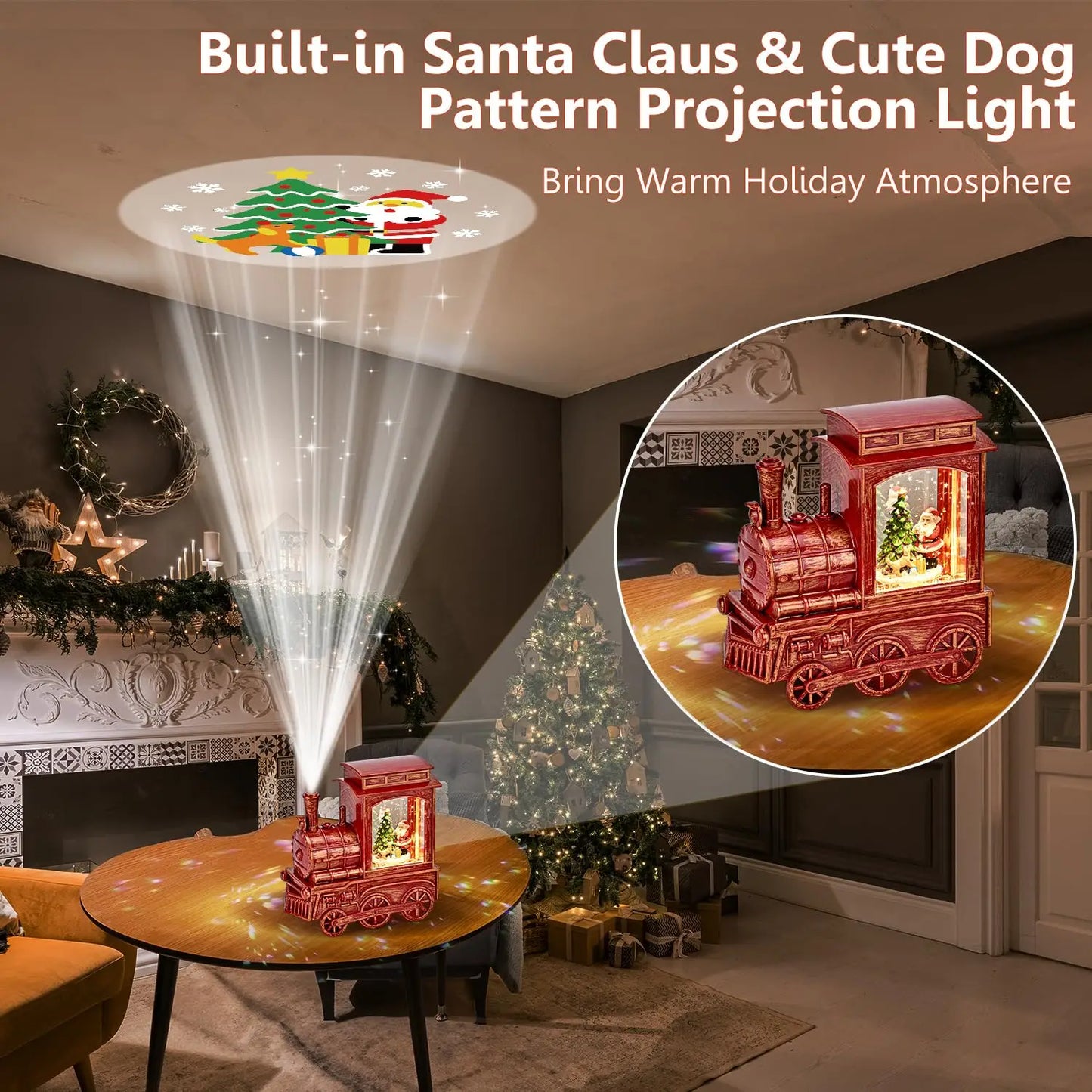 Christmas Vintage Train with Santa Cute Dog Projection Lighted Snow Globe Musical
