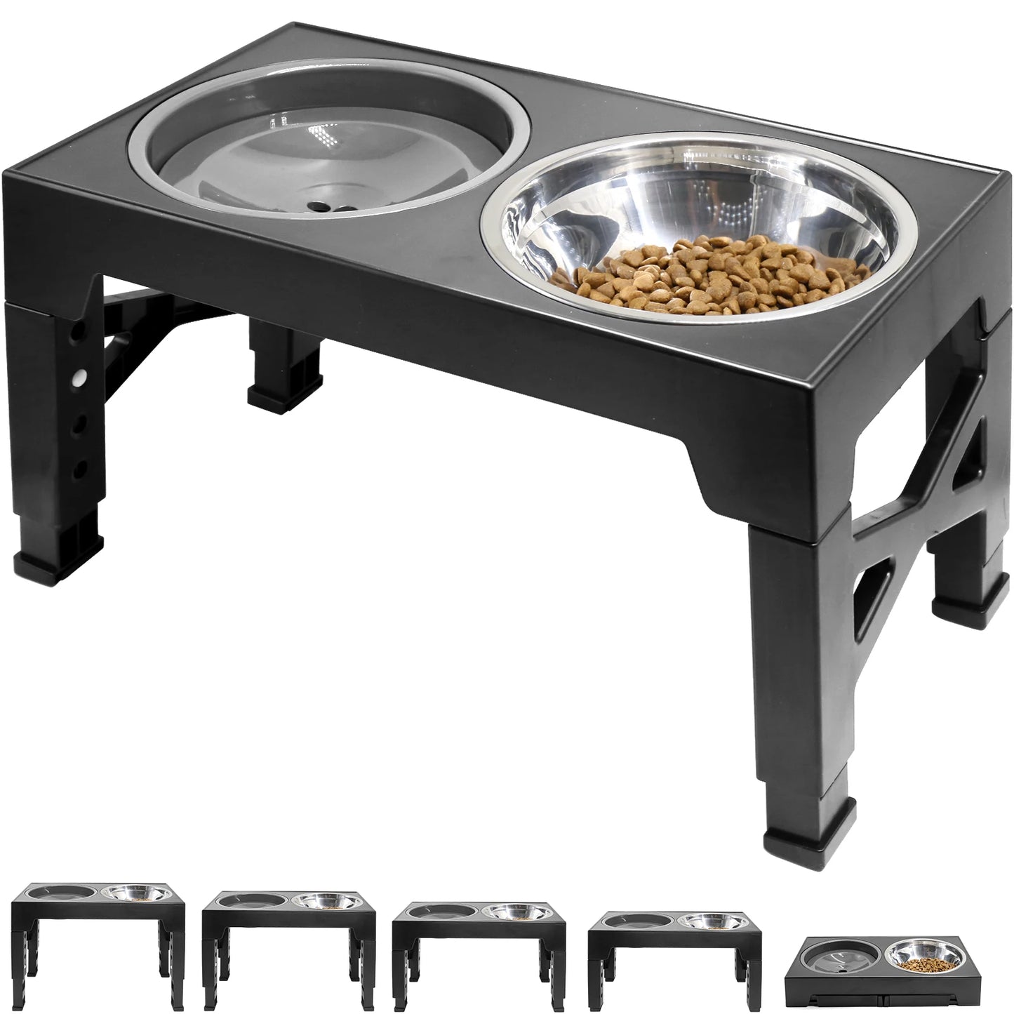 5 Adjustable Heights Raised Dog Bowl Stand with 1 Stainless Steel Food & Dog Water Bowls