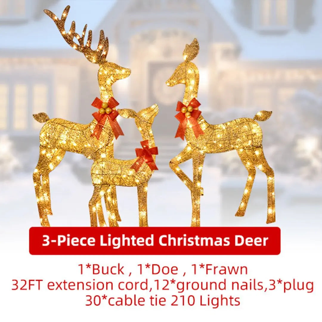 3D Reindeer Family Light Up Deer 3 Set with 210 LED Lights Kit Stakes