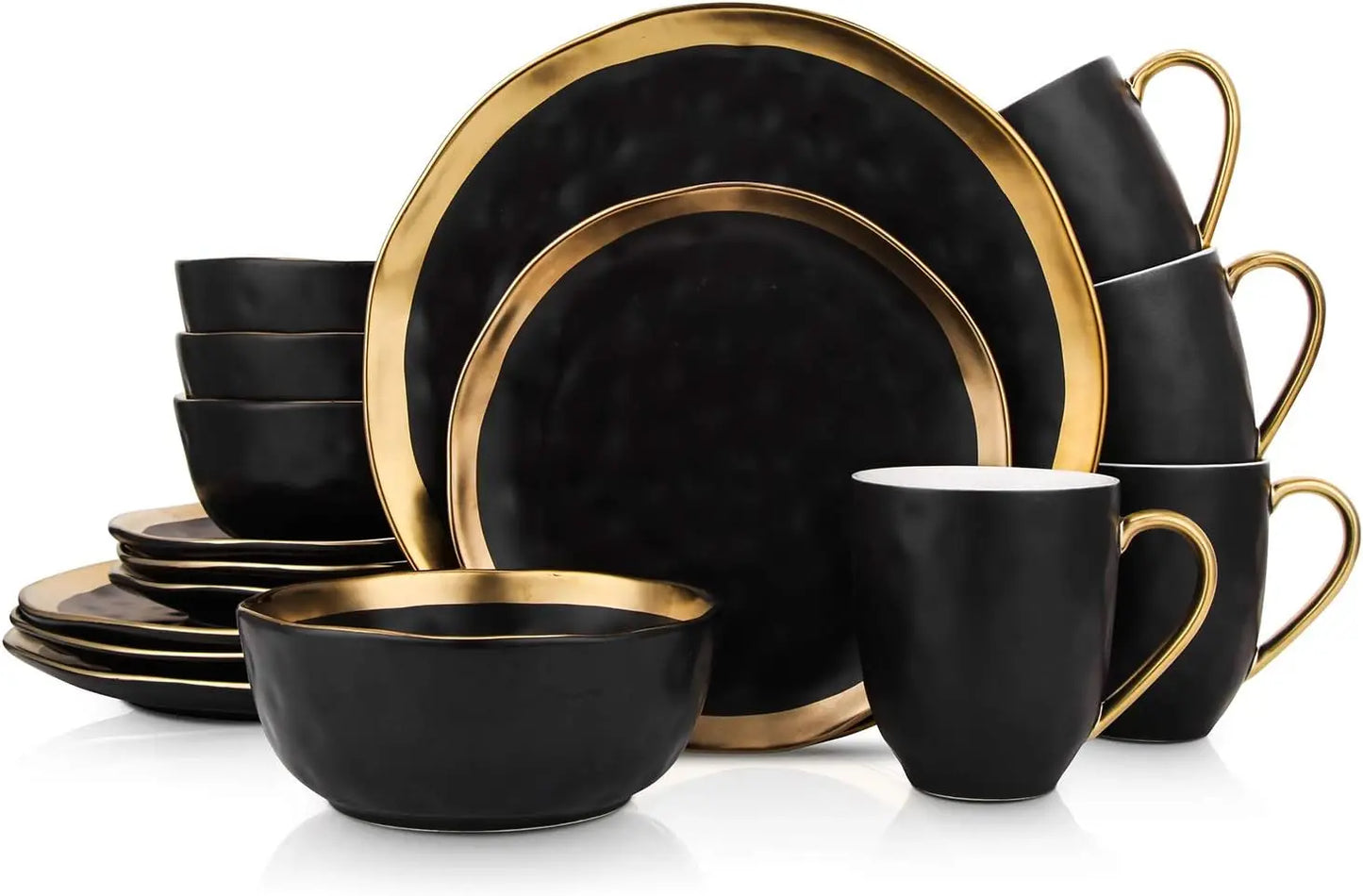 Stone Lain Modern Poreclain 16 Piece Dinnerware Set, Dish set for 4, Black And Golden Rim