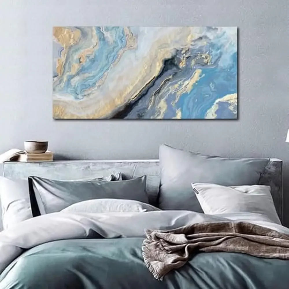 Abstract Blue Gold Marbling Canvas Wall Art Decor Living Room Bedroom