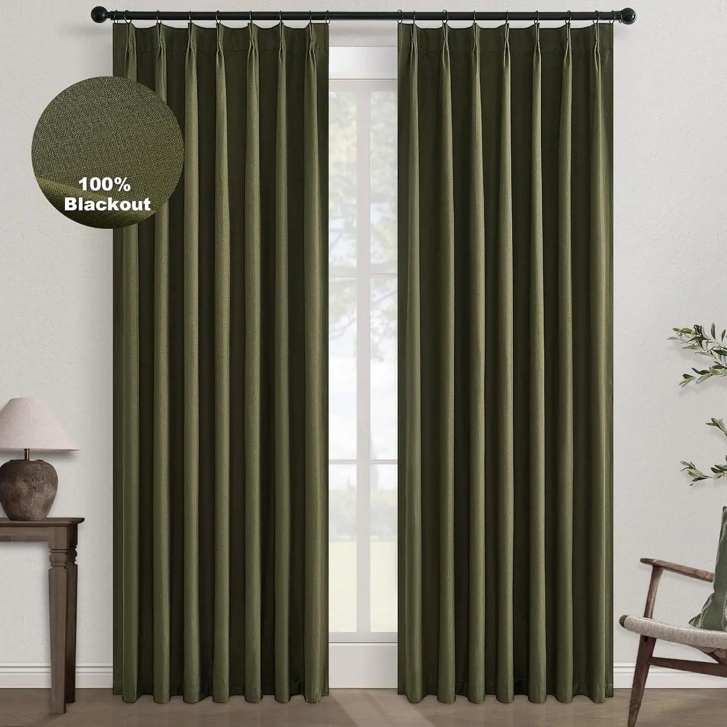 Pleated Curtains 96 Inch Long, 100% Blackout Insulated Natural Linen Pinch Pleat