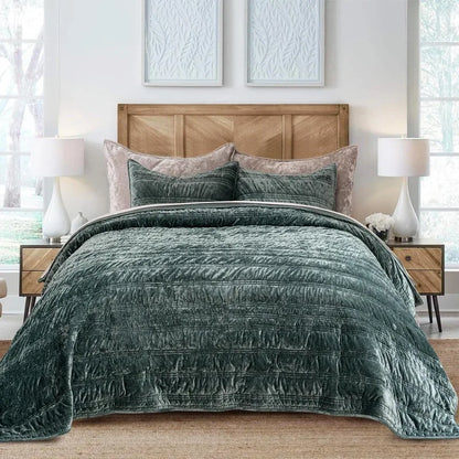 Luxury Ruched Velvet Quilt Ultra Soft Bedspread Coverlet Set, Lightweight Velvet Comforter, Quilted Bedding Cover