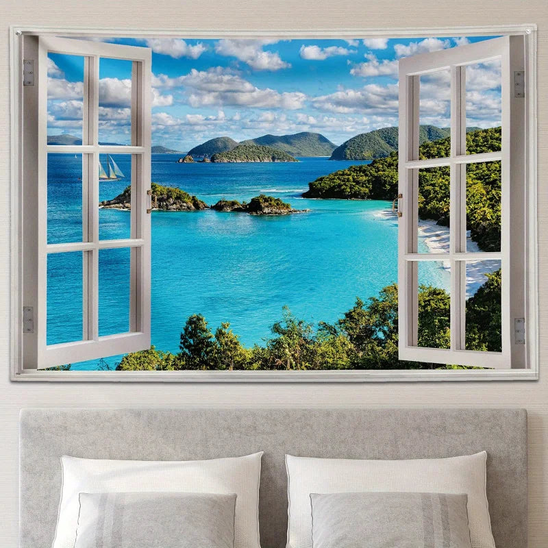 1pc Nature Landscape Wall Tapestry, Blue Ocean Sea Beach Print Backdrop, Wall Hanging