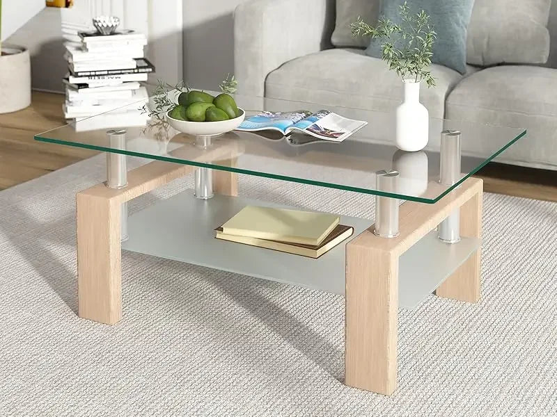 Rectangle Glass Coffee Table 2-Tier Tea Table Modern Side Coffee Table