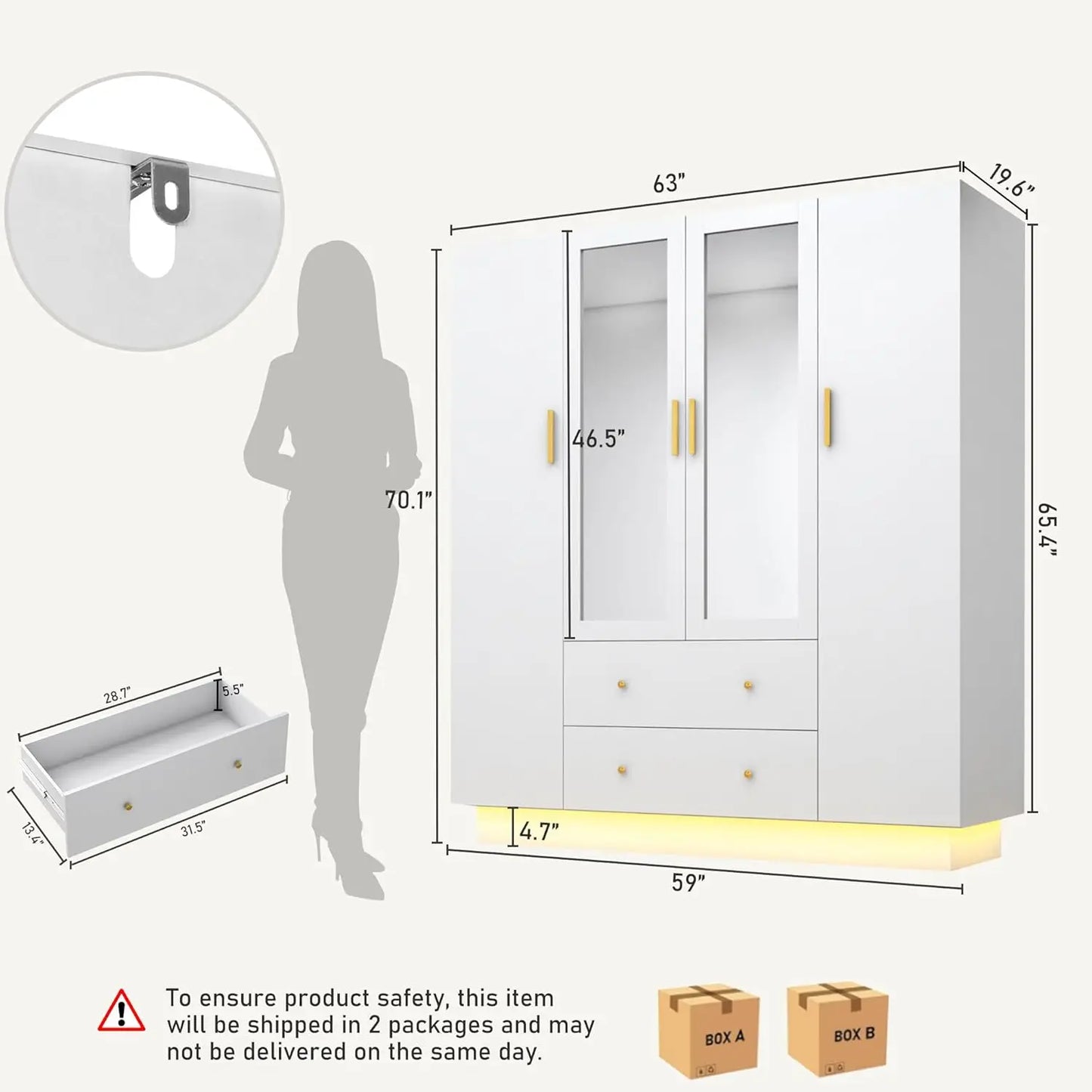 4 Door Wardrobe Closet with Mirrors and LED Lights, Drawers and Shelves,