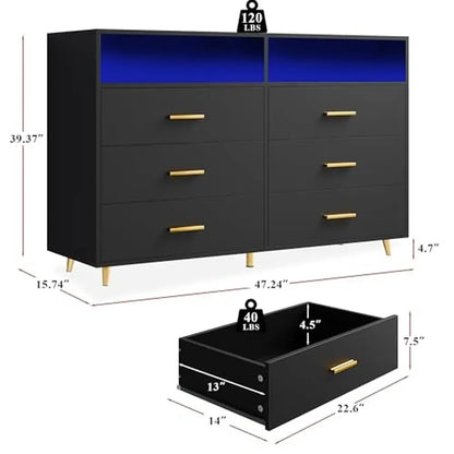 LED Lights Wood Dresser Black 47.2"W x 15.7"D x 39.4"H