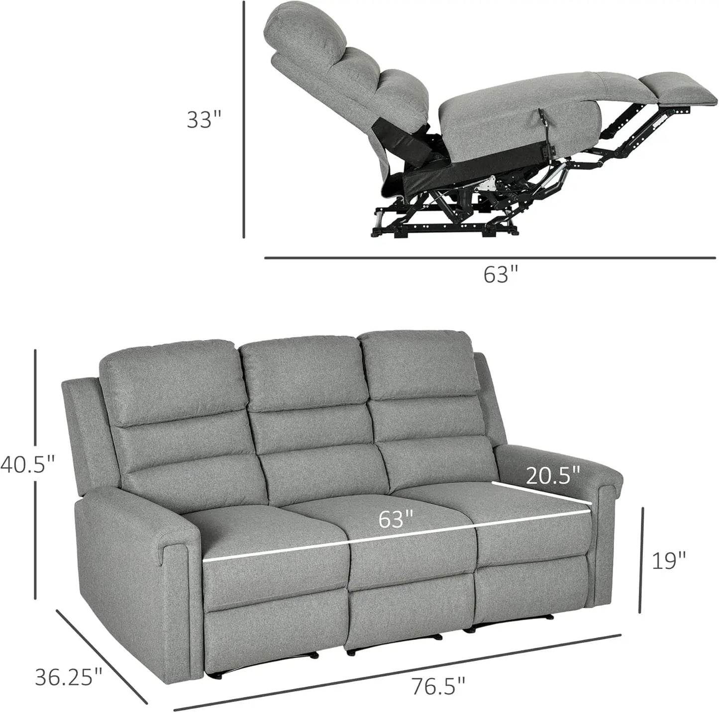 Living Room Sofa 3Seater Recliner Sofa with Manual Pull Tab Fabric