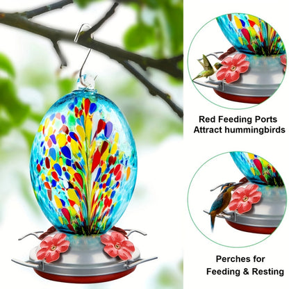 Hummingbird Feeder For Outdoors Patio Garden Hand Blown Glass Large Colorful