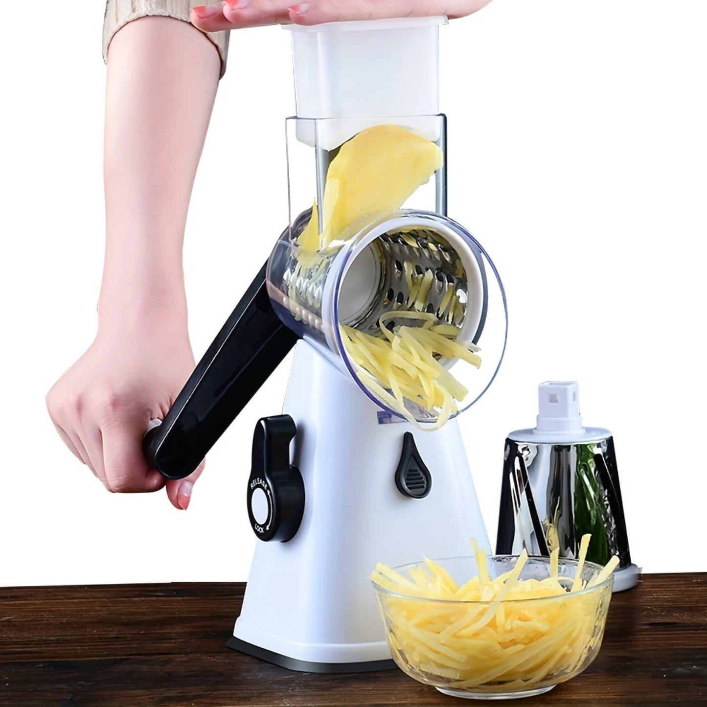 Rotary cheese grater with 3 interchangeable blades for fruits, vegetables, nuts