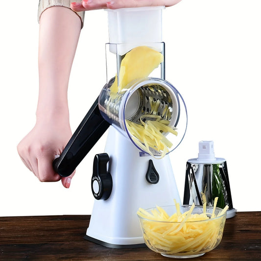 Rotary cheese grater with 3 interchangeable blades for fruits, vegetables, nuts