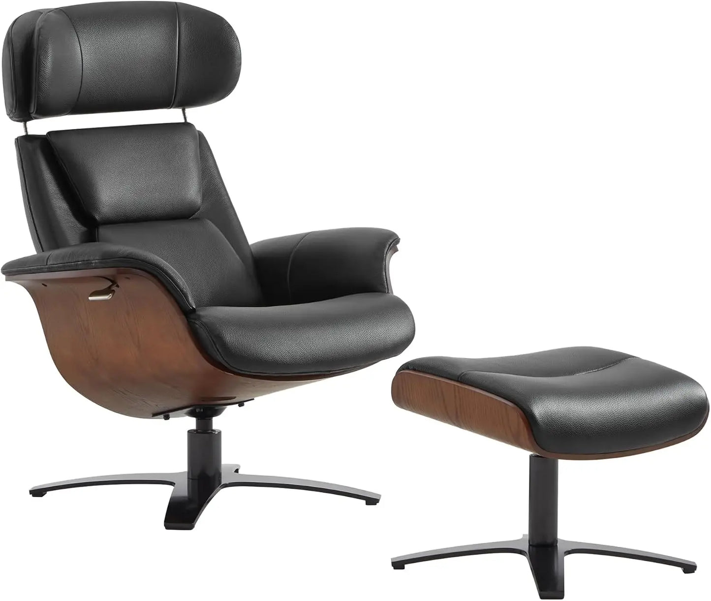 Genuine Leather Reclining Swivel Chair with Adjustable Headrest and Ottoman