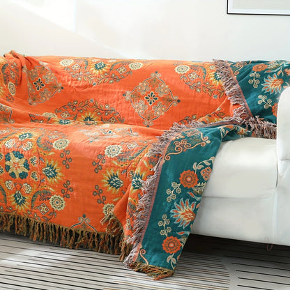 1pc Floral Sofa Towel Blanket With Tassel, Cotton Printed Blanket