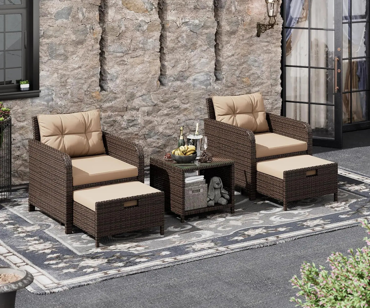 5 Piece Patio Conversation Set, Wicker Rattan Glass Table