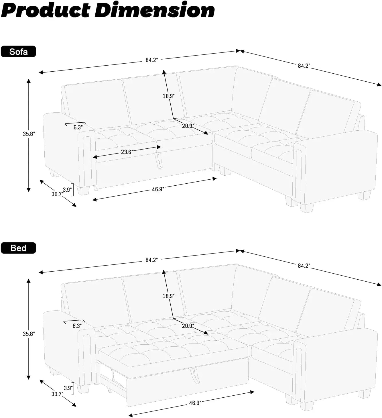 Modular Sectional Sleeper Sofa with Pull Out Couch Bed Velvet Beige