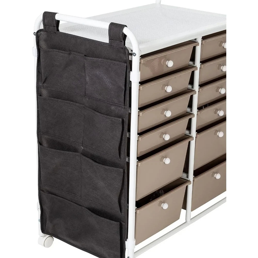 12-Drawer Metal Rolling Storage Cart with Side Pockets