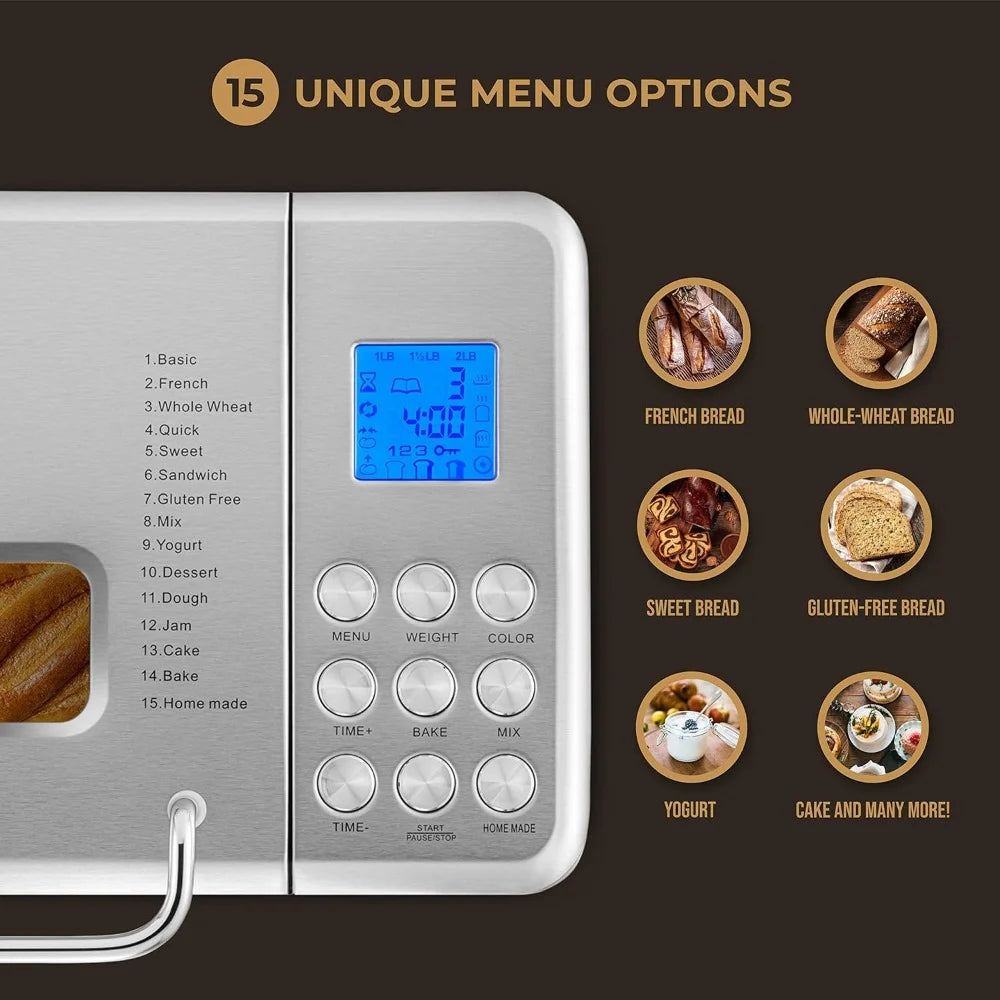Bread Maker, 2 Lb. With 17 Menu Options, Automatic Fruit & Nut Dispenser & 6 Accessories