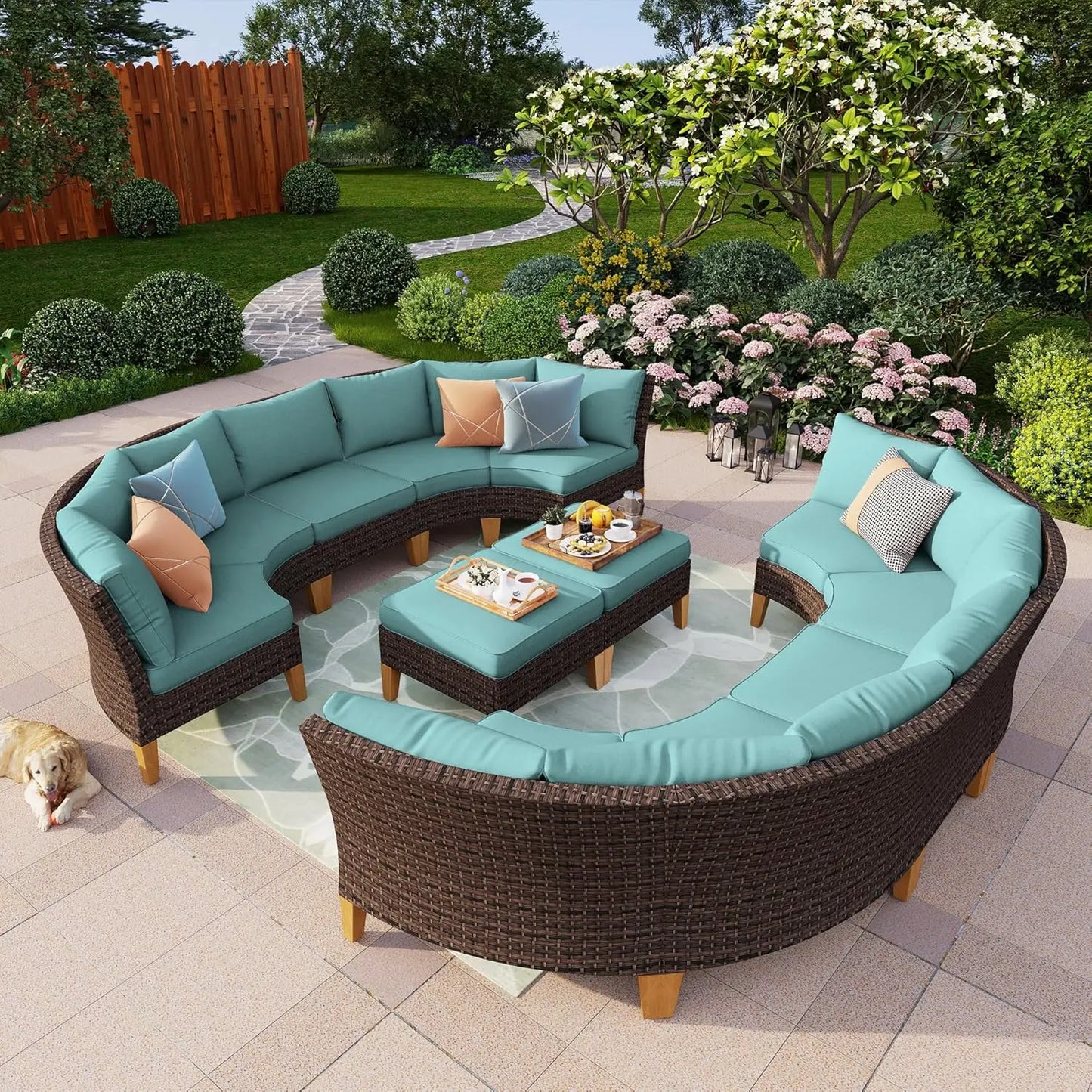 12 Pieces Patio Conversation Set Half Moon Wicker Outdoor Furniture