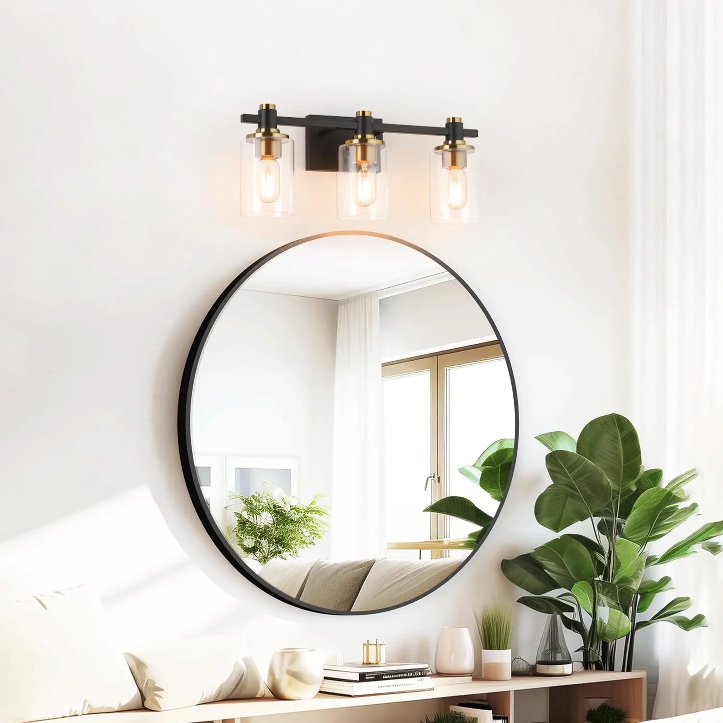 17in 3-Light Black and Brushed Gold Bathroom Vanity Light