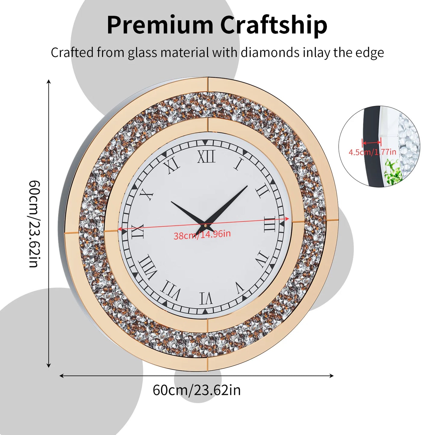 Silver, Tawny Tinted Round Mirror 24inch Crystal Sparkle Mirrored Wall Clock for Living Room