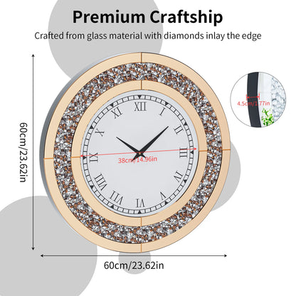 Silver, Tawny Tinted Round Mirror 24inch Crystal Sparkle Mirrored Wall Clock for Living Room