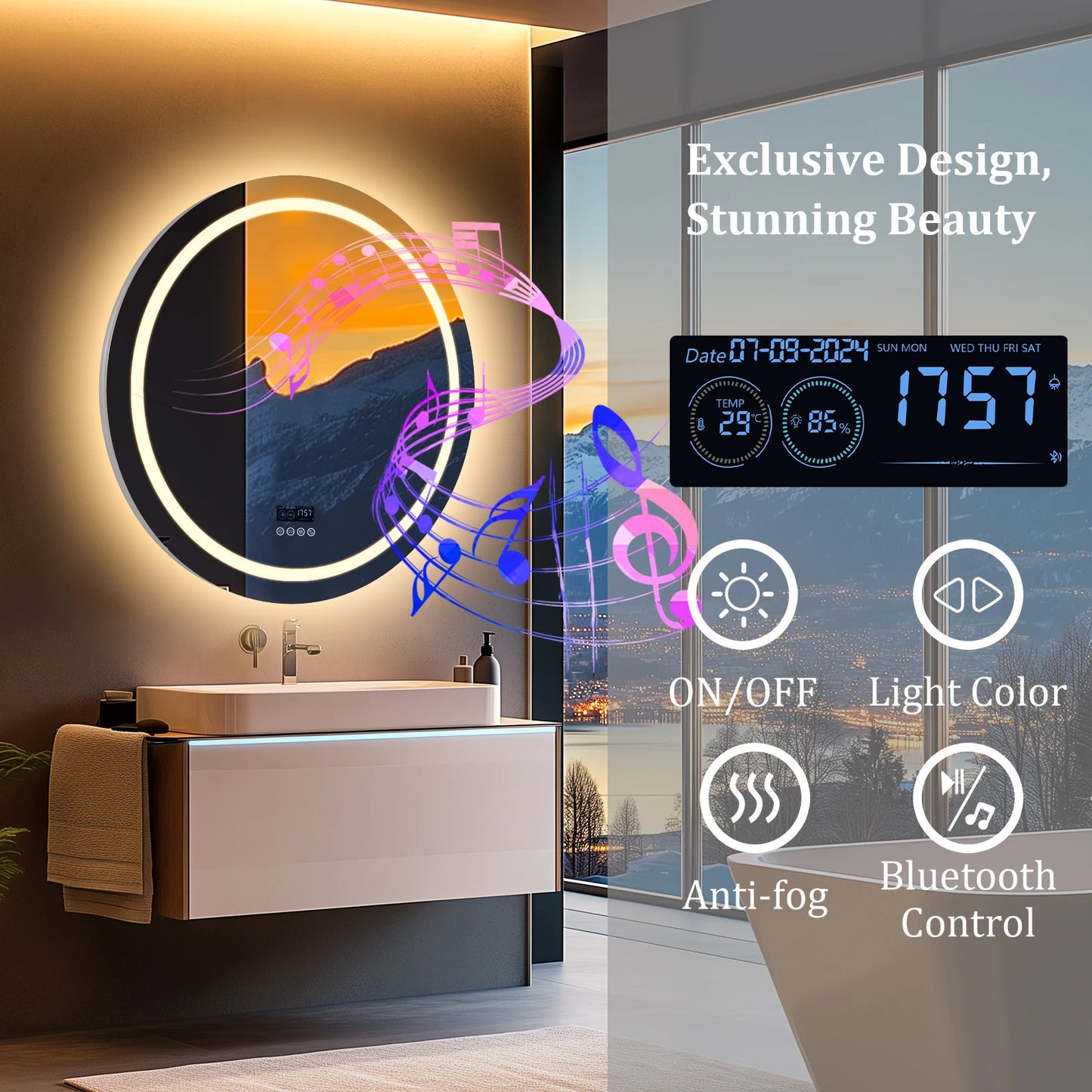 Mirror with Lights,32"x32" Wall-Mounted 3 Colors Dimmable Bluetooth Speaker Anti-Fog